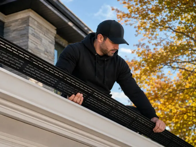 Installateur fixant une gouttière anthracite sous un toit résidentiel